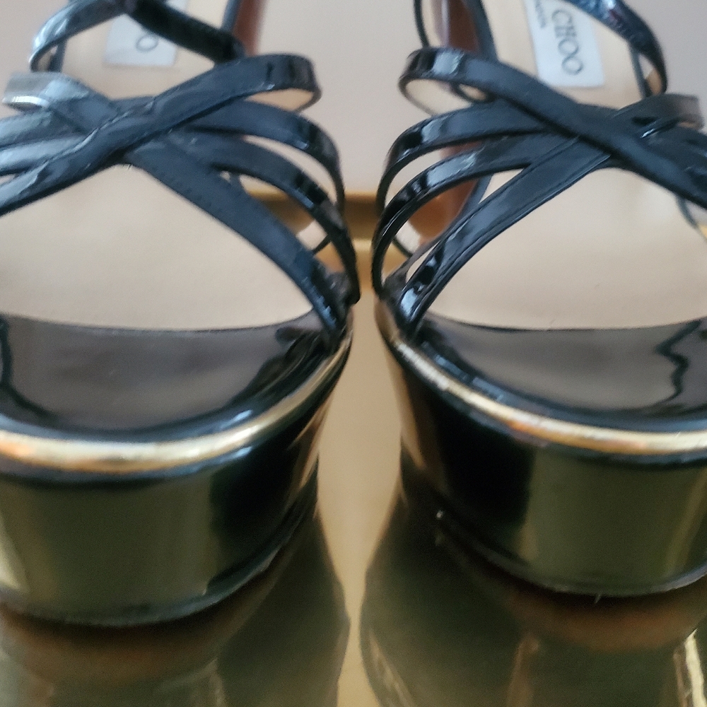 Jimmy Choo Black Patent Leather Platform Sandals with Wood-Effect Heels - Picture 10 of 16